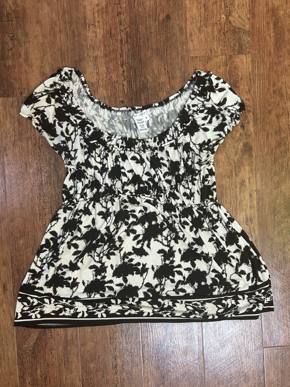 Max Studio Black White Floral Ikat Print Babydoll Peplum Top Blouse S